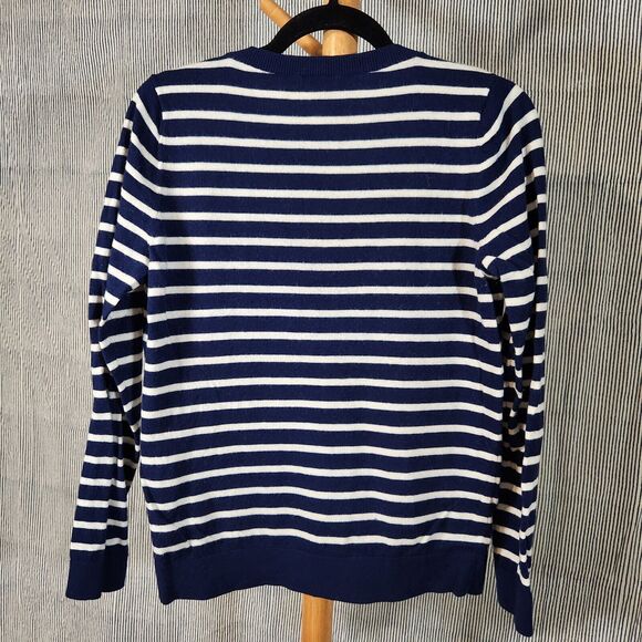 Talbots $89 Medium Gold Tinsel Whale Blue Striped Lambswool Nautical Sweater - Picture 7 of 10